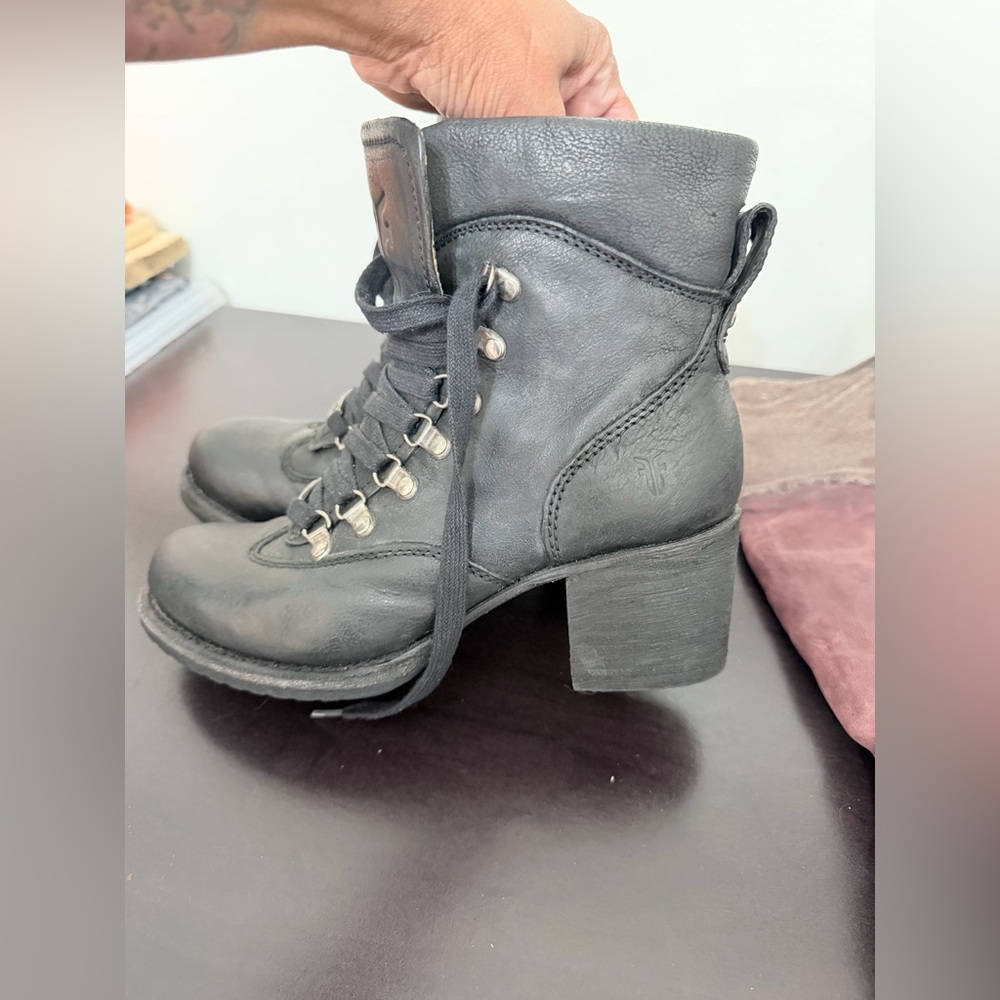 Frye Black Leather Lace Up Boots